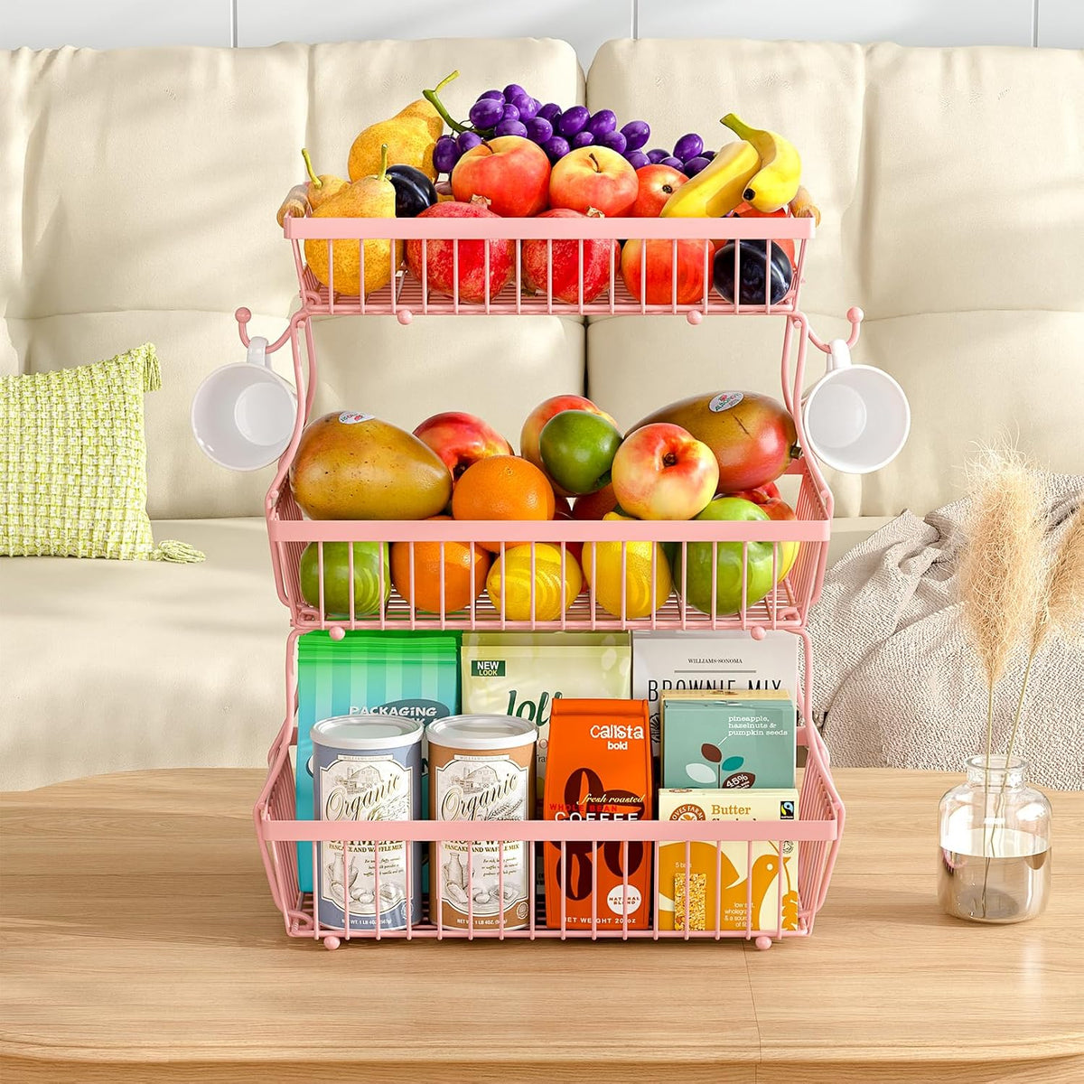 3 Tier Fruit Basket for Kitchen Counter with 2 Banana Hangers, Countertop Metal Fruit Bowl with Wooden Handle, Large Storage Stand for Vegetables, Snacks, Breads, Produce Storage – Pink