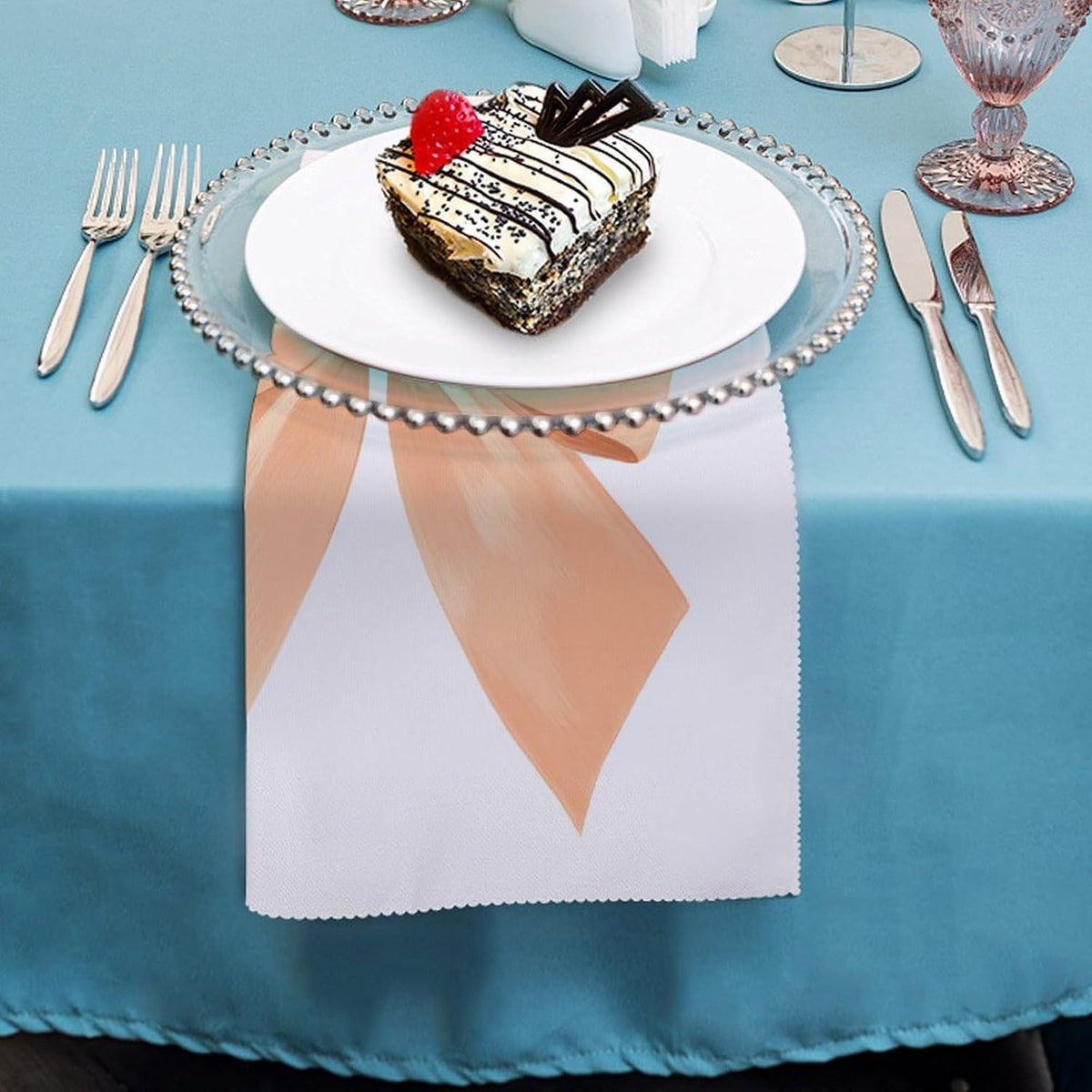Cloth Napkins Set of 6, Coquette Bow Peach Color Square Premium Reusable Washable Polyester Table Linen Napkin