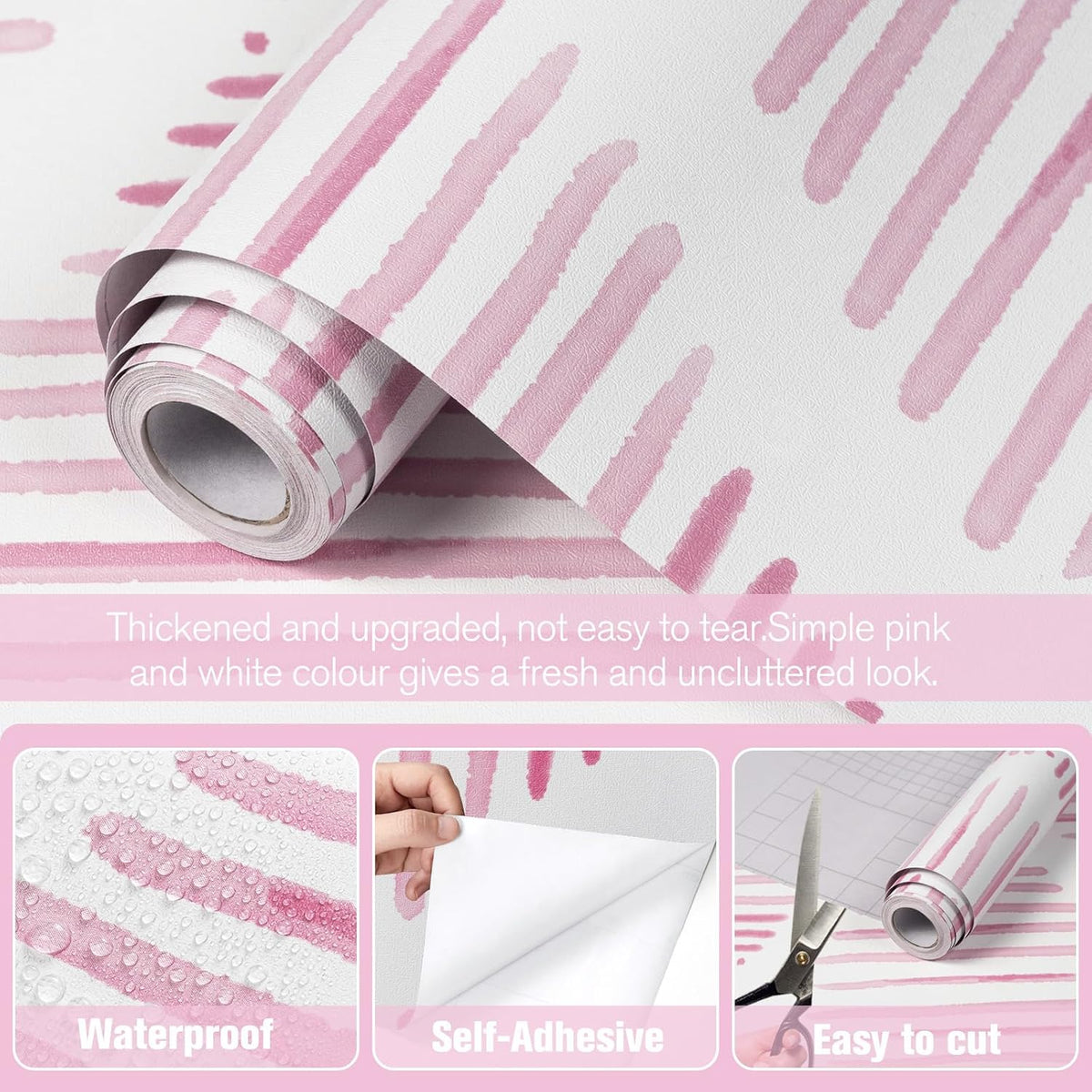 Modern White and Pink Peel and Stick Wallpaper 17.7"x120" Stripe Diamond Wallpaper Vinyl Waterproof Contact Paper Shelf Paper Drawer Liner Roll for Bedroom Living Room