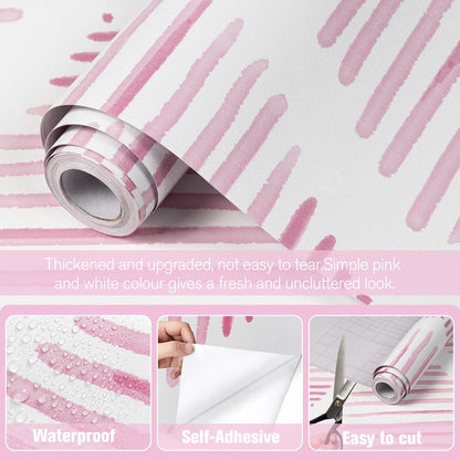 Modern White and Pink Peel and Stick Wallpaper 17.7"x120" Stripe Diamond Wallpaper Vinyl Waterproof Contact Paper Shelf Paper Drawer Liner Roll for Bedroom Living Room