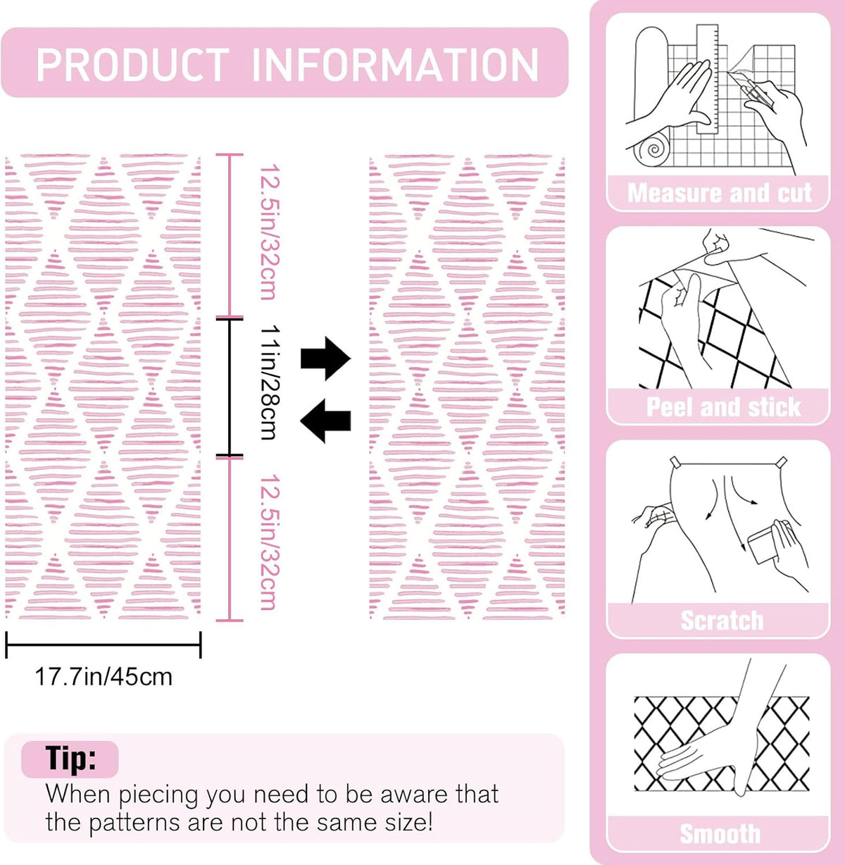 Modern White and Pink Peel and Stick Wallpaper 17.7"x120" Stripe Diamond Wallpaper Vinyl Waterproof Contact Paper Shelf Paper Drawer Liner Roll for Bedroom Living Room