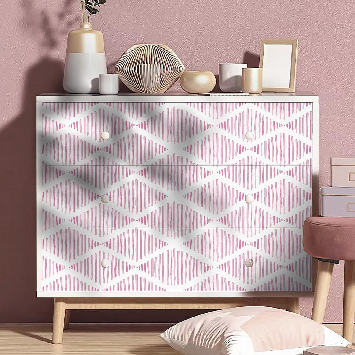 Modern White and Pink Peel and Stick Wallpaper 17.7"x120" Stripe Diamond Wallpaper Vinyl Waterproof Contact Paper Shelf Paper Drawer Liner Roll for Bedroom Living Room