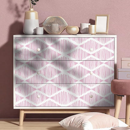 Modern White and Pink Peel and Stick Wallpaper 17.7"x120" Stripe Diamond Wallpaper Vinyl Waterproof Contact Paper Shelf Paper Drawer Liner Roll for Bedroom Living Room