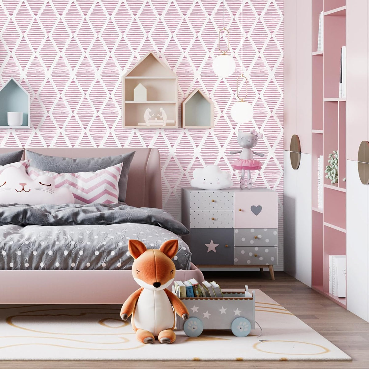 Modern White and Pink Peel and Stick Wallpaper 17.7"x120" Stripe Diamond Wallpaper Vinyl Waterproof Contact Paper Shelf Paper Drawer Liner Roll for Bedroom Living Room