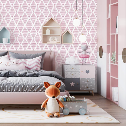 Modern White and Pink Peel and Stick Wallpaper 17.7"x120" Stripe Diamond Wallpaper Vinyl Waterproof Contact Paper Shelf Paper Drawer Liner Roll for Bedroom Living Room