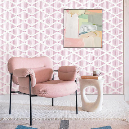 Modern White and Pink Peel and Stick Wallpaper 17.7"x120" Stripe Diamond Wallpaper Vinyl Waterproof Contact Paper Shelf Paper Drawer Liner Roll for Bedroom Living Room
