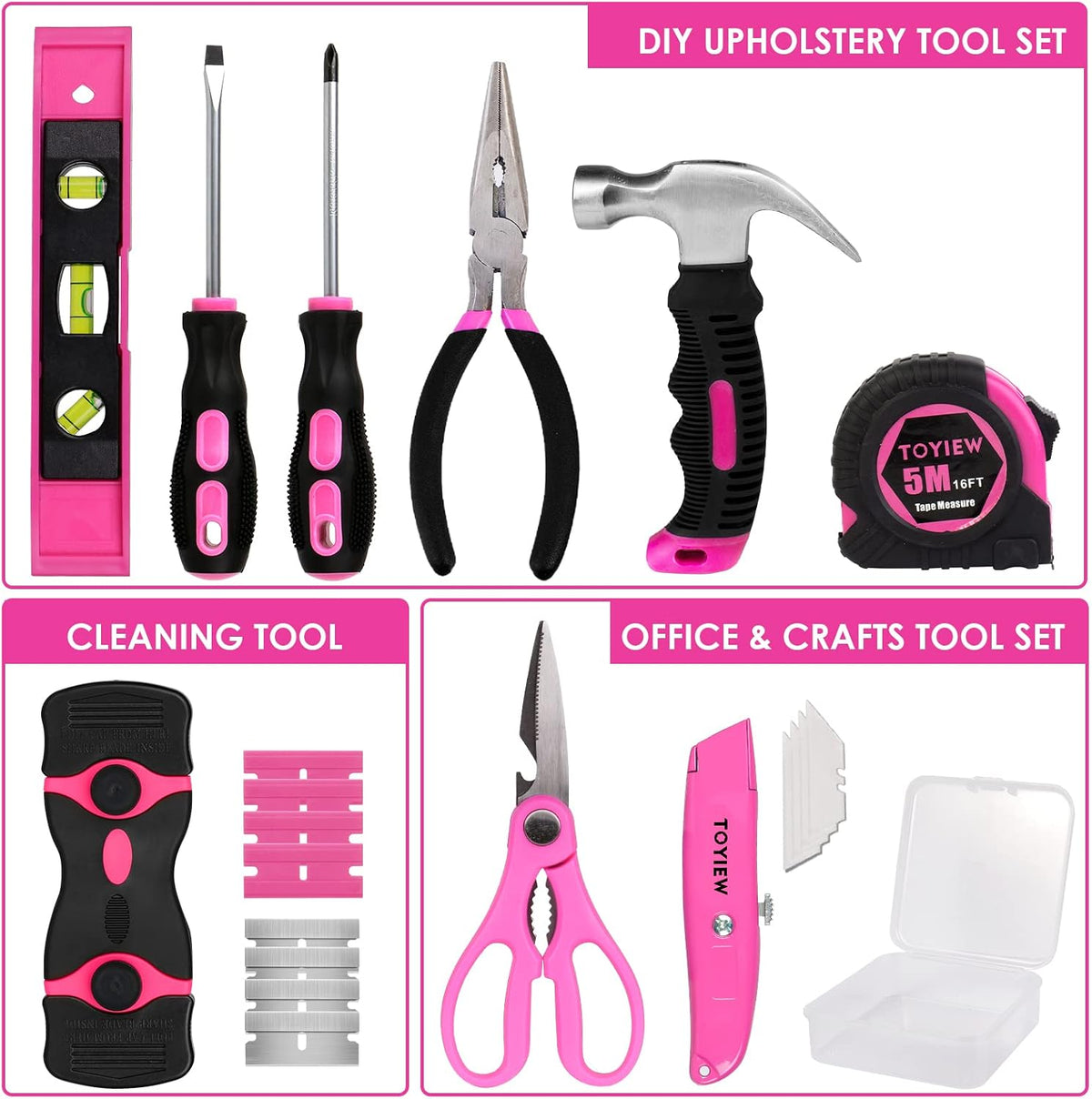 33Pcs Pink Staple Gun Tool Set, 3 in 1 Upholstery Staple Gun for Wood Heavy Duty and 900 Staples, Perfect for DIY Decoration, Crafts, Carpentry, Arts, Pink Tool Kit for Women