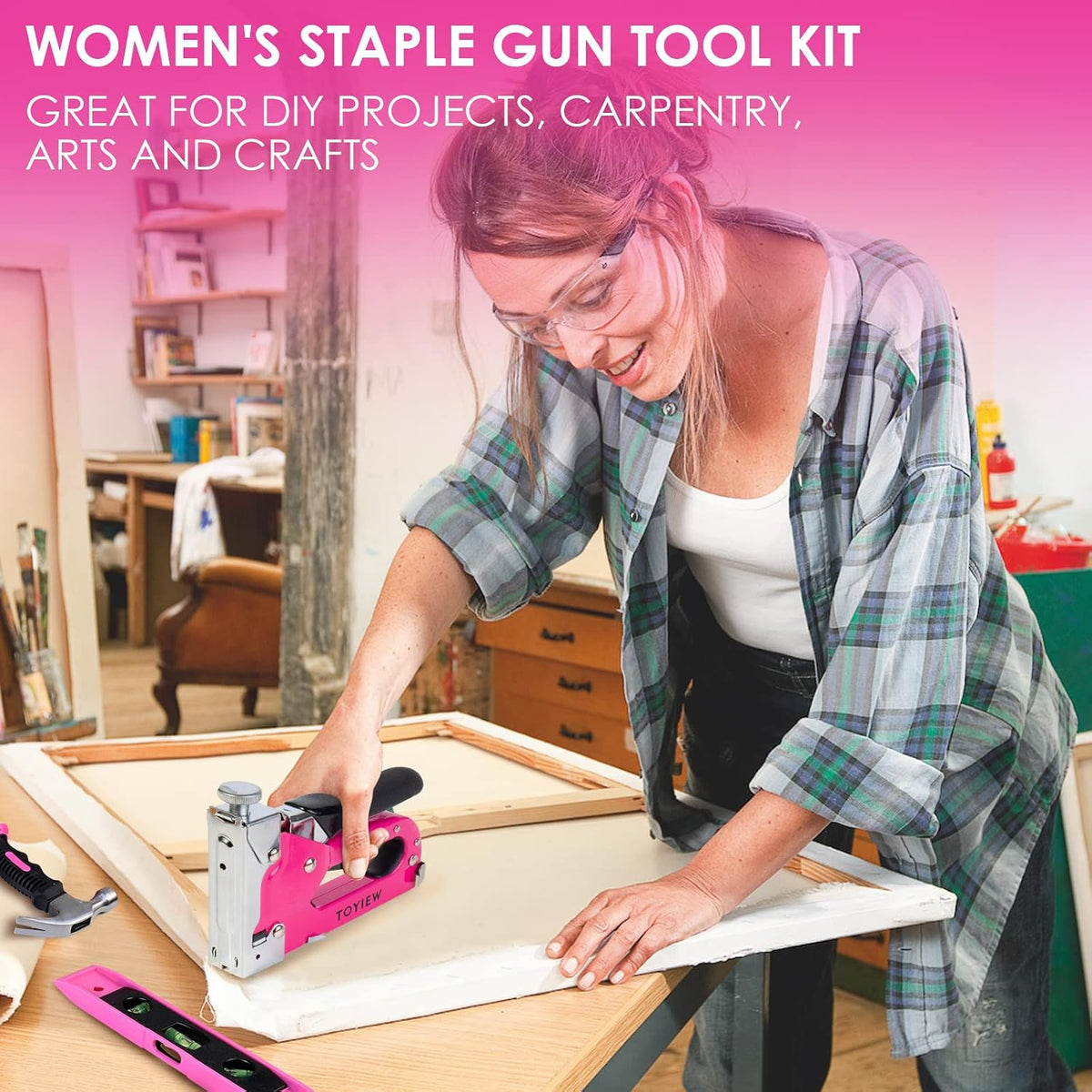 33Pcs Pink Staple Gun Tool Set, 3 in 1 Upholstery Staple Gun for Wood Heavy Duty and 900 Staples, Perfect for DIY Decoration, Crafts, Carpentry, Arts, Pink Tool Kit for Women