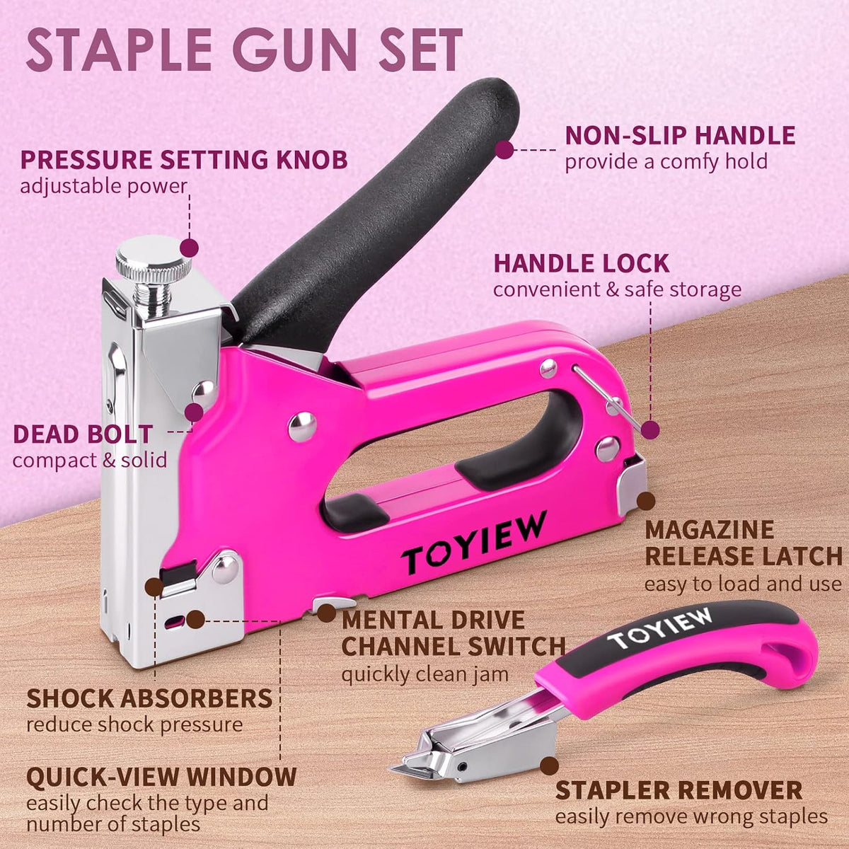 33Pcs Pink Staple Gun Tool Set, 3 in 1 Upholstery Staple Gun for Wood Heavy Duty and 900 Staples, Perfect for DIY Decoration, Crafts, Carpentry, Arts, Pink Tool Kit for Women