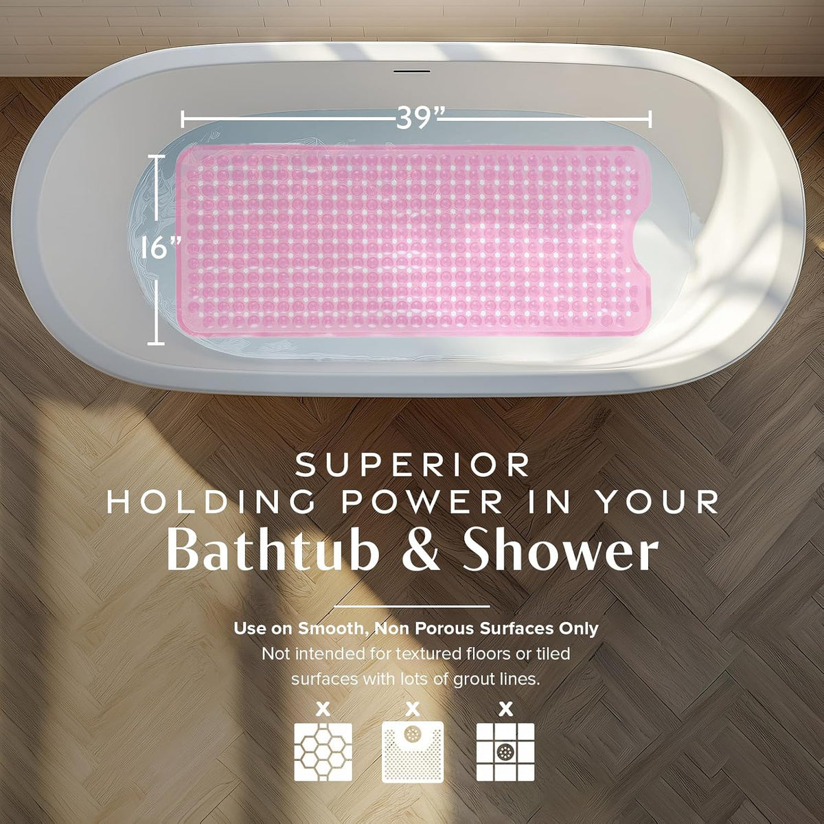 39"x16" Power Grip Non Slip Bathtub Shower Mat, Pink