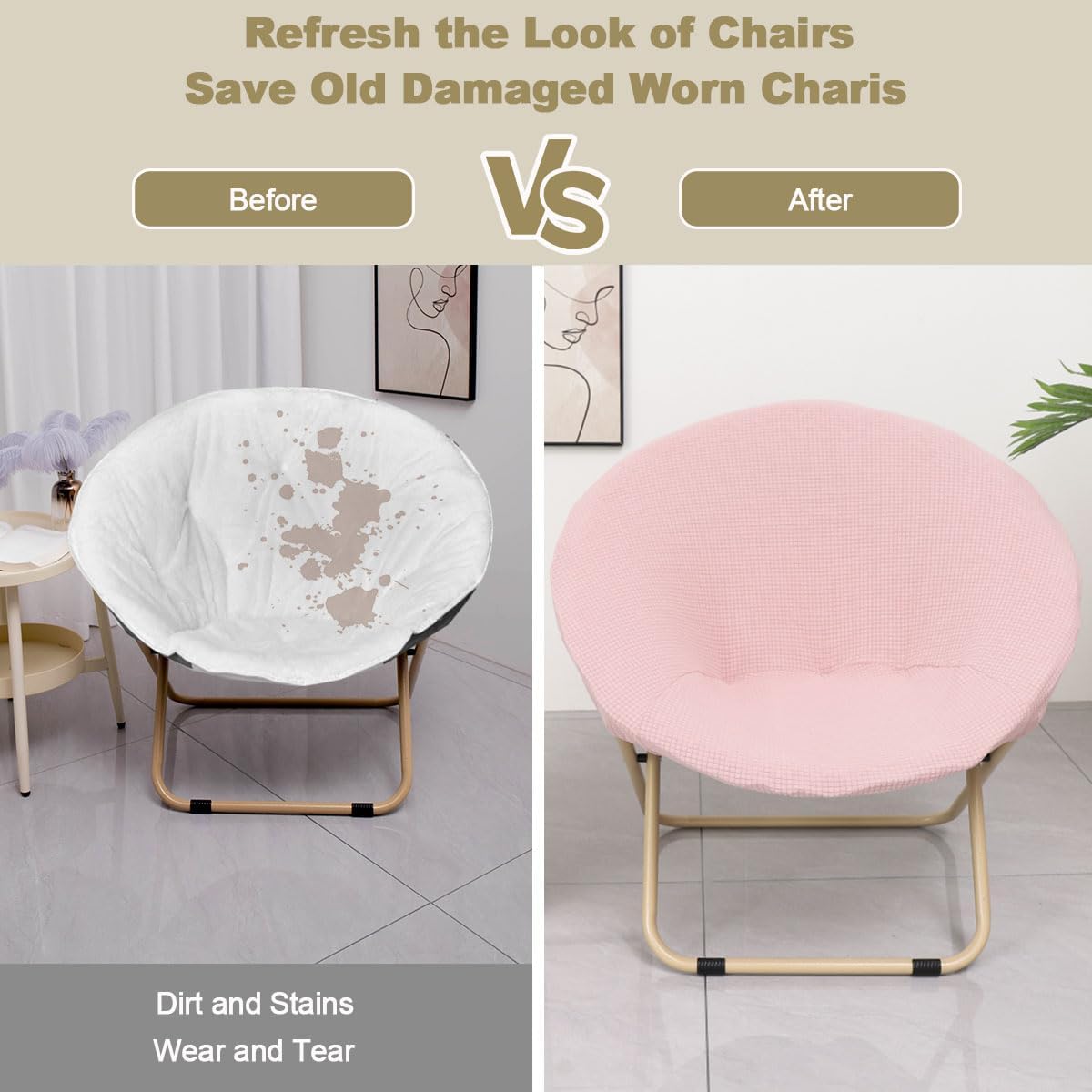 Saucer Chair Covers Waterproof Round Moon Chair Cover Slipcovers Stretch Jacquard Foldable Saucer Chair Cover Circle Chair Slipcovers Protector for Bedroom Dorm Set of 2 Pink