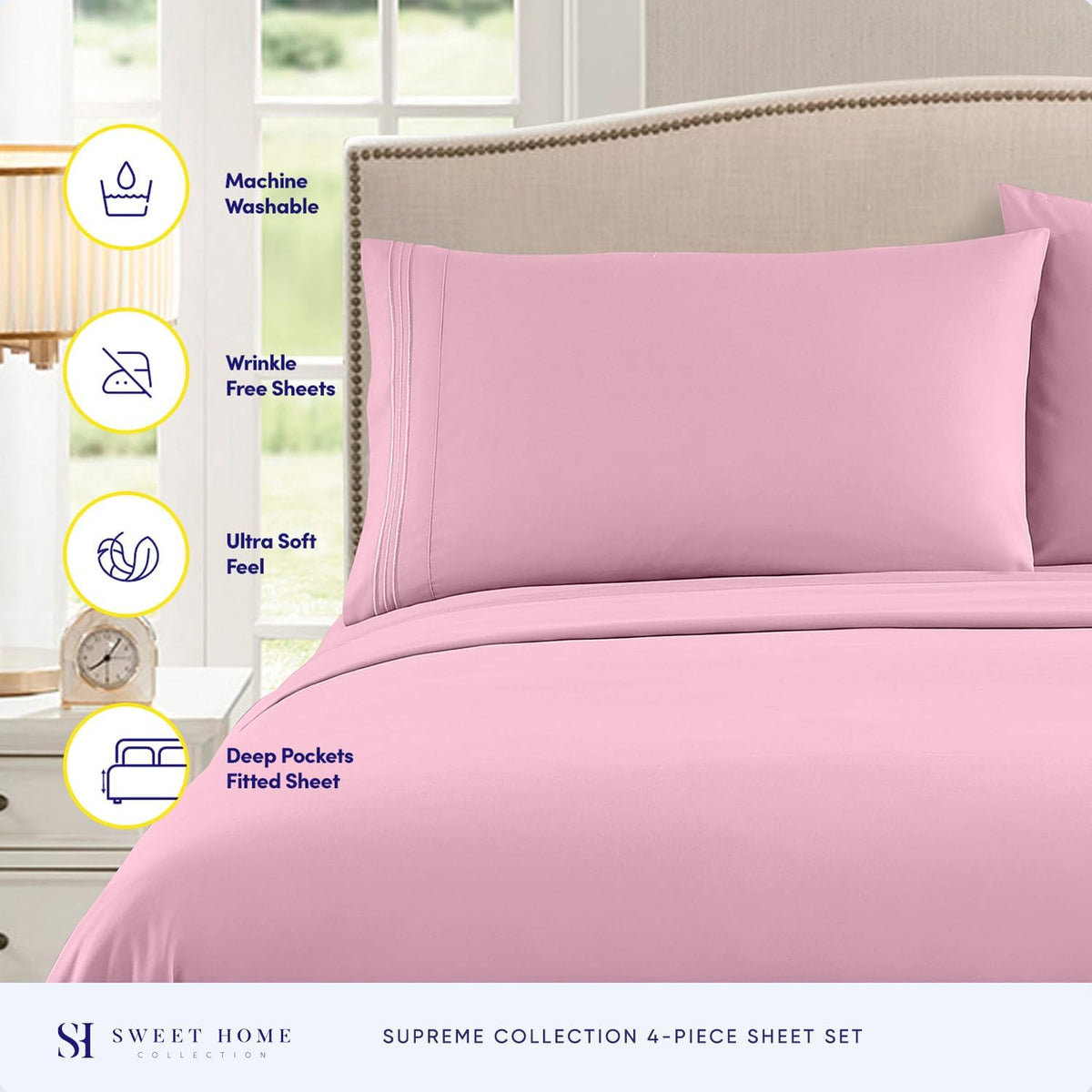 Queen Size Bed Sheets - Breathable Luxury Sheets with Full Elastic & Secure Corner Straps Built In - 1800 Supreme Collection Extra Soft Deep Pocket Bedding Set, Sheet Set, Queen, Pink