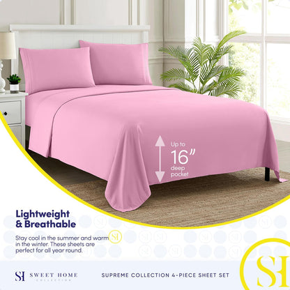 Queen Size Bed Sheets - Breathable Luxury Sheets with Full Elastic & Secure Corner Straps Built In - 1800 Supreme Collection Extra Soft Deep Pocket Bedding Set, Sheet Set, Queen, Pink