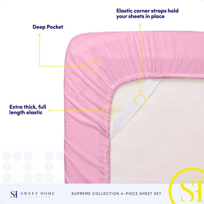 Queen Size Bed Sheets - Breathable Luxury Sheets with Full Elastic & Secure Corner Straps Built In - 1800 Supreme Collection Extra Soft Deep Pocket Bedding Set, Sheet Set, Queen, Pink