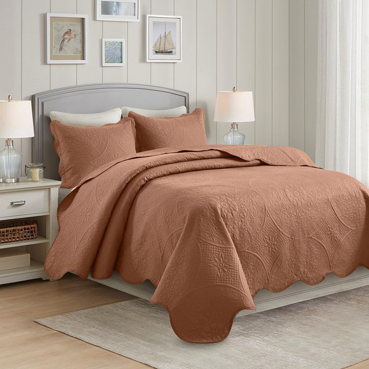 3 Piece Floral Bedding Lightweight Bedspread Pink Peach Color - King Size