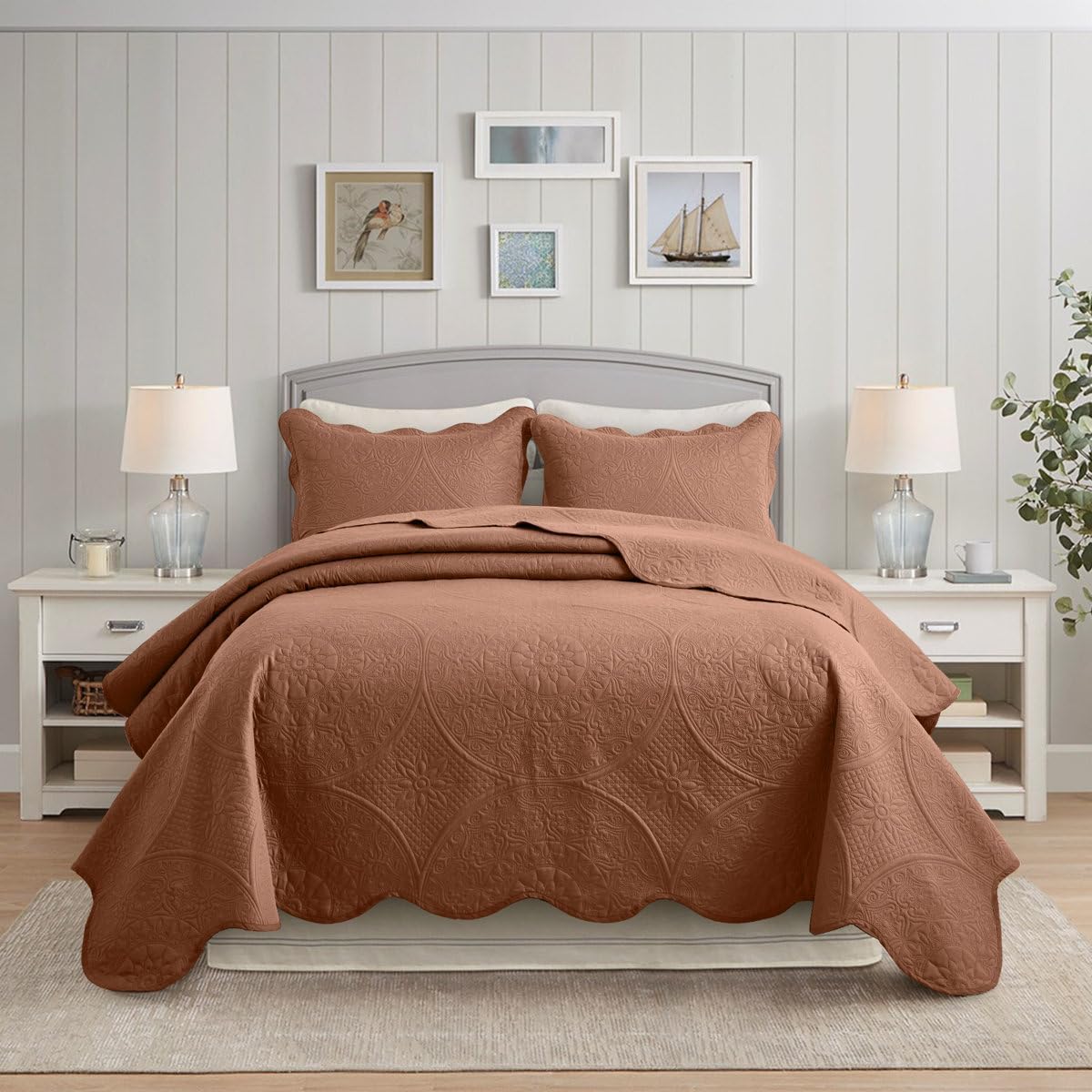 3 Piece Floral Bedding Lightweight Bedspread Pink Peach Color - King Size