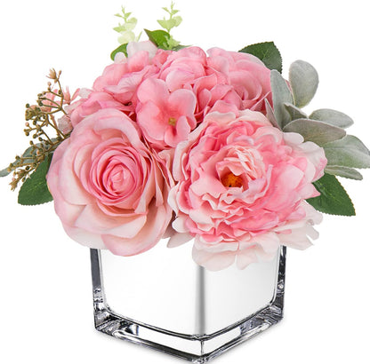 Artificial Flowers in Vase Fake Silk Hydrangea Rose Flower Arrangement Faux Potted Flowers for Indoor Home Bathroom Office Table Shelf Decor, Pink