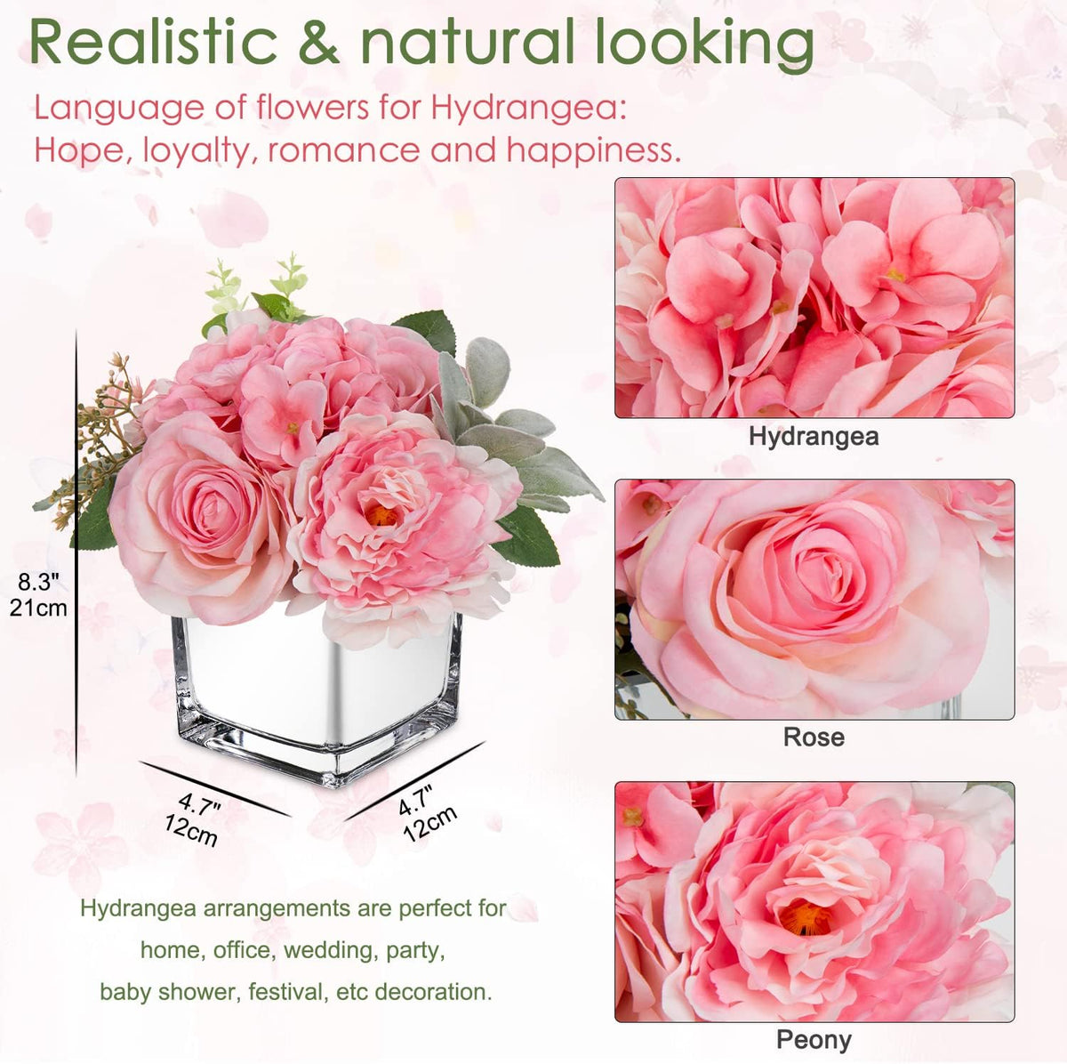 Artificial Flowers in Vase Fake Silk Hydrangea Rose Flower Arrangement Faux Potted Flowers for Indoor Home Bathroom Office Table Shelf Decor, Pink