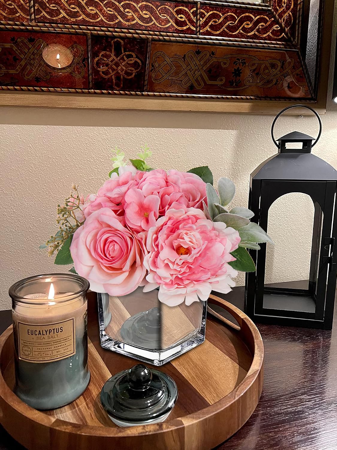 Artificial Flowers in Vase Fake Silk Hydrangea Rose Flower Arrangement Faux Potted Flowers for Indoor Home Bathroom Office Table Shelf Decor, Pink