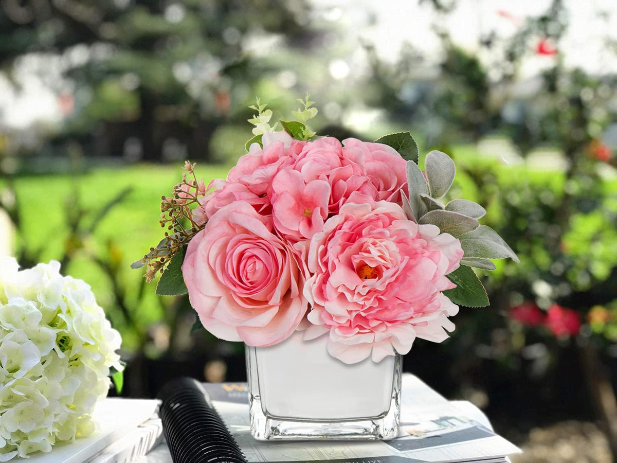 Artificial Flowers in Vase Fake Silk Hydrangea Rose Flower Arrangement Faux Potted Flowers for Indoor Home Bathroom Office Table Shelf Decor, Pink