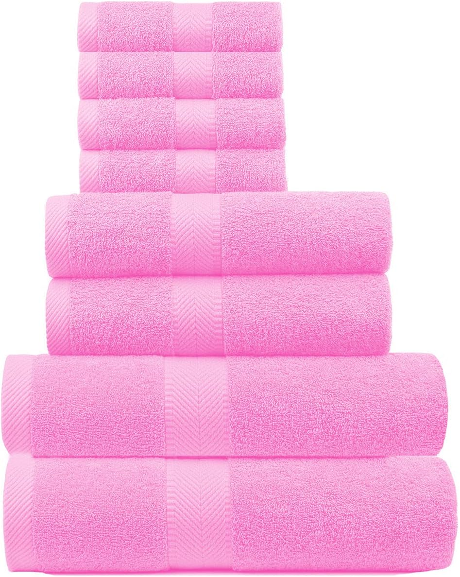 8-Pc Cotton Towel Set, Quick Dry Hotel Bath Hand Washcloths, Pink