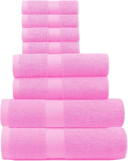 8-Pc Cotton Towel Set, Quick Dry Hotel Bath Hand Washcloths, Pink