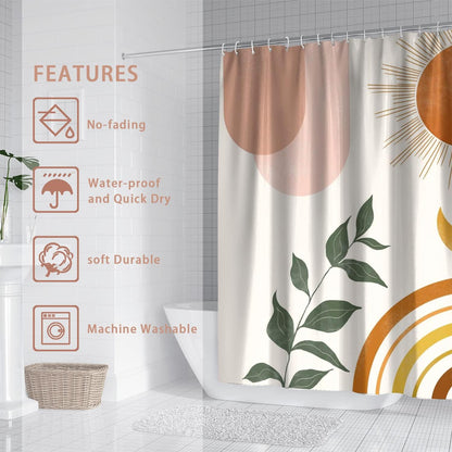 Mid Century Abstract Boho Orange Aesthetic Shower Curtain Set, Spring Summer Pink Green Nature Leaf Sun Modern Minimalist Home Bathroom Curtain Decor with 12 Hooks 72x72 Inches