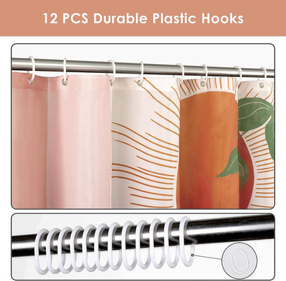 Mid Century Abstract Boho Orange Aesthetic Shower Curtain Set, Spring Summer Pink Green Nature Leaf Sun Modern Minimalist Home Bathroom Curtain Decor with 12 Hooks 72x72 Inches
