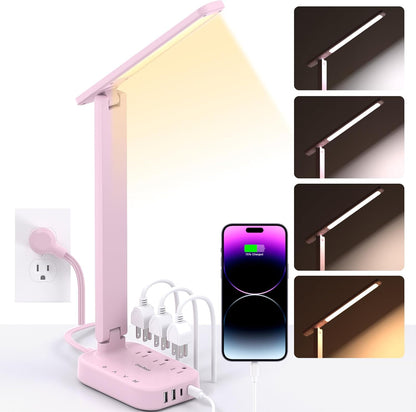 LED Desk Lamp, Power Strip with 4 USB 3 Outlets, Dorm Room Essentials, Pink