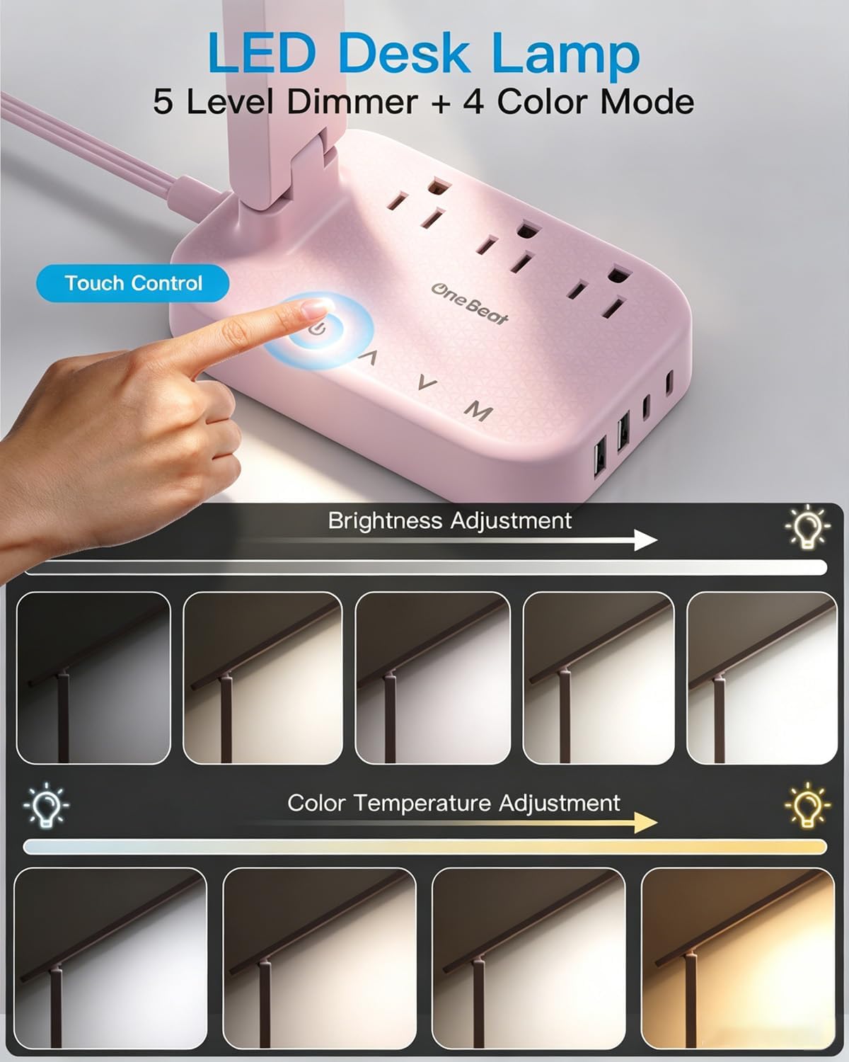 LED Desk Lamp, Power Strip with 4 USB 3 Outlets, Dorm Room Essentials, Pink