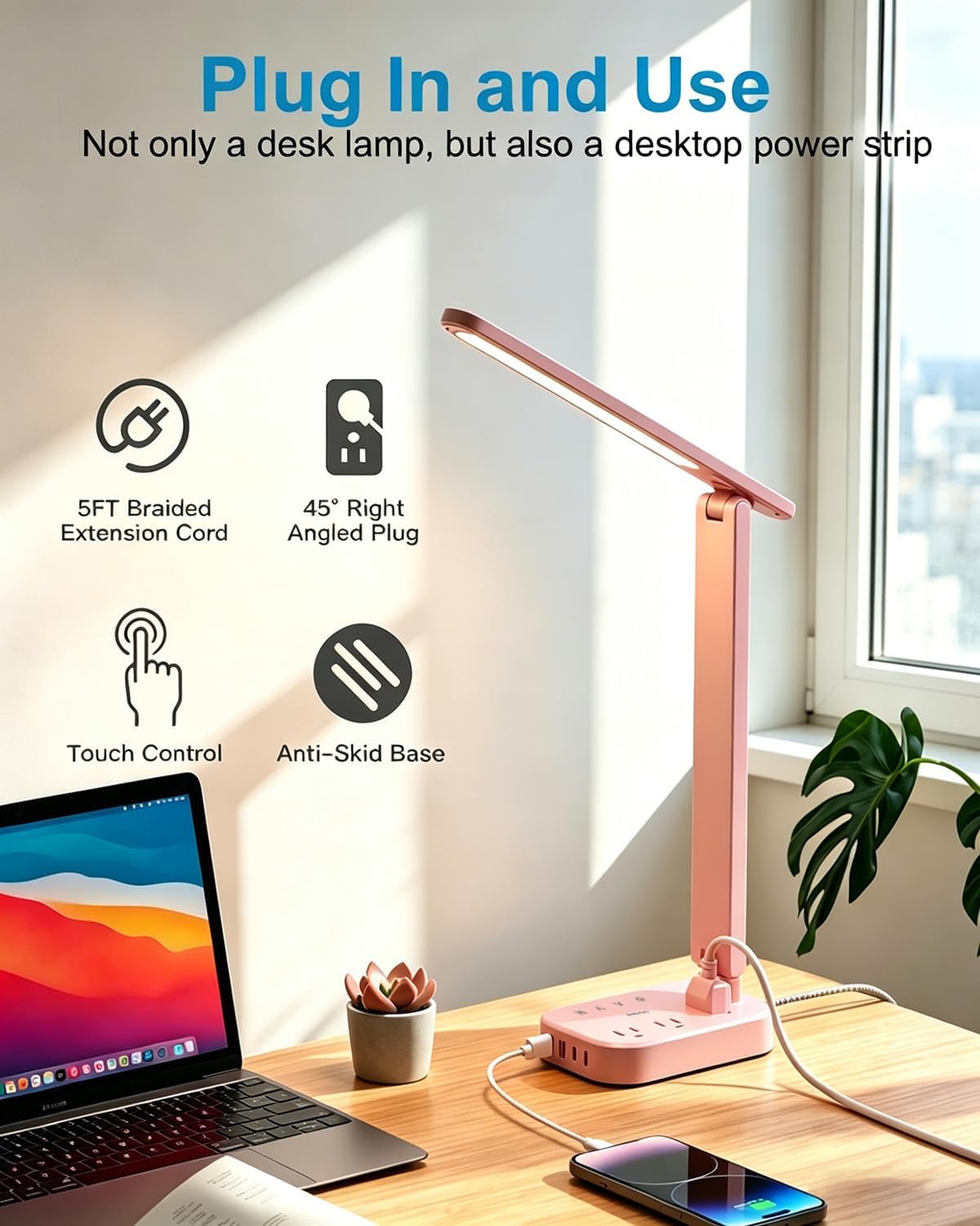 LED Desk Lamp, Power Strip with 4 USB 3 Outlets, Dorm Room Essentials, Pink