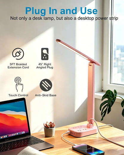 LED Desk Lamp, Power Strip with 4 USB 3 Outlets, Dorm Room Essentials, Pink