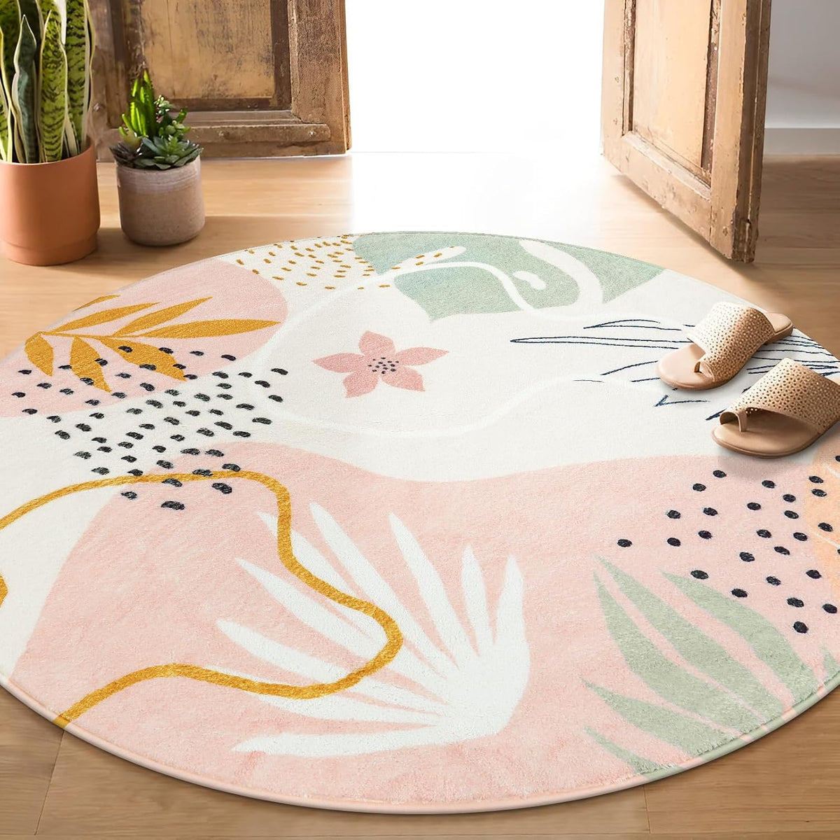 Pink 6' Round Area Rug, Non-Slip Soft Ultra-Thin Washable Floral Boho Rugs for Living Room, Dining Room, Bedroom, Entryway, Office Dorm, Lightweight