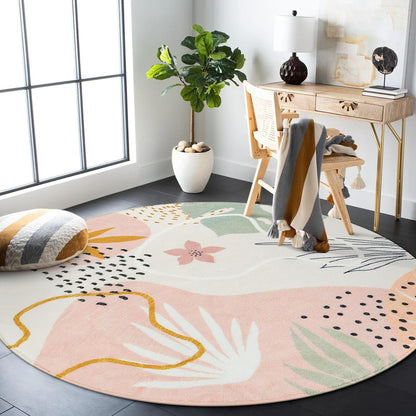 Pink 6' Round Area Rug, Non-Slip Soft Ultra-Thin Washable Floral Boho Rugs for Living Room, Dining Room, Bedroom, Entryway, Office Dorm, Lightweight