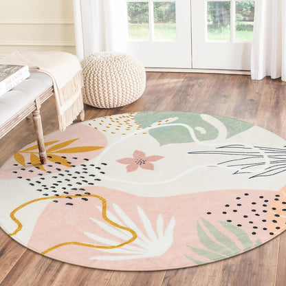 Pink 6' Round Area Rug, Non-Slip Soft Ultra-Thin Washable Floral Boho Rugs for Living Room, Dining Room, Bedroom, Entryway, Office Dorm, Lightweight