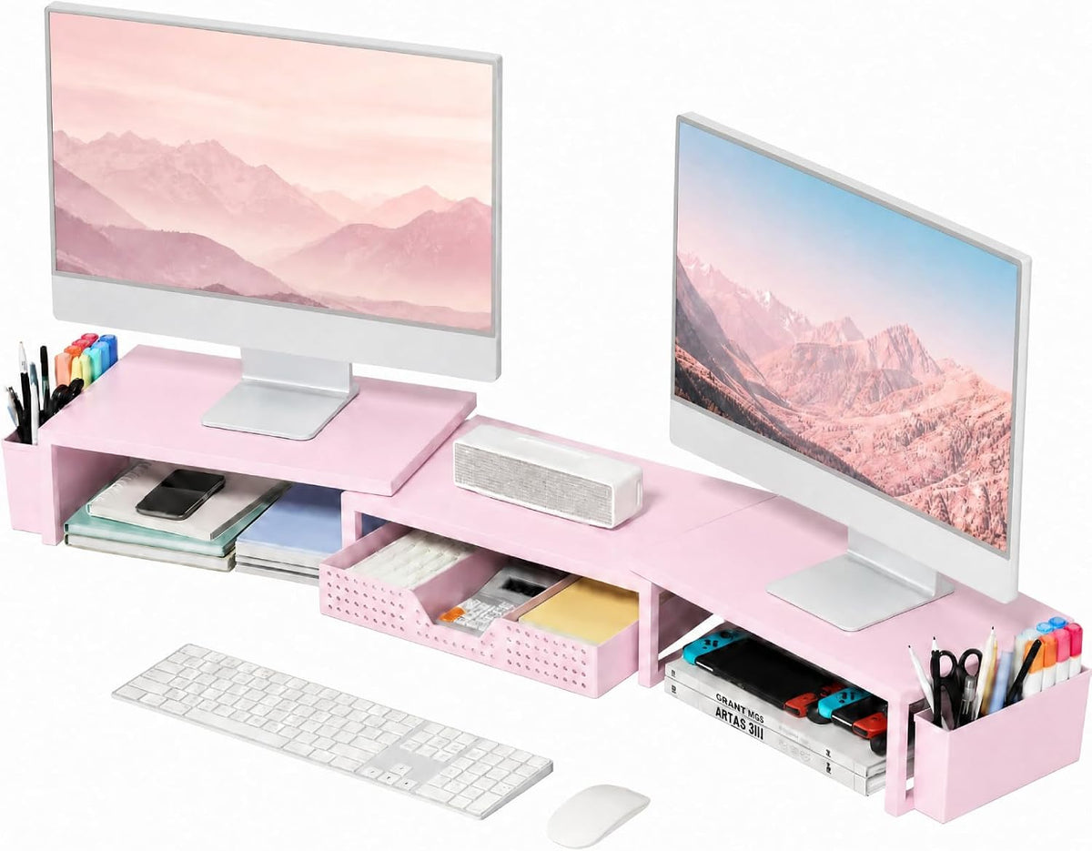 Desk Organizers and Accessories, Dual Monitor Stand Riser with Drawer and 2 Pen Holders, Desk Shelf Printer Stand for Office Workspace Organizers, Desktop Organization (Light Pink)