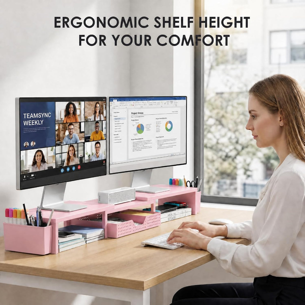 Desk Organizers and Accessories, Dual Monitor Stand Riser with Drawer and 2 Pen Holders, Desk Shelf Printer Stand for Office Workspace Organizers, Desktop Organization (Light Pink)