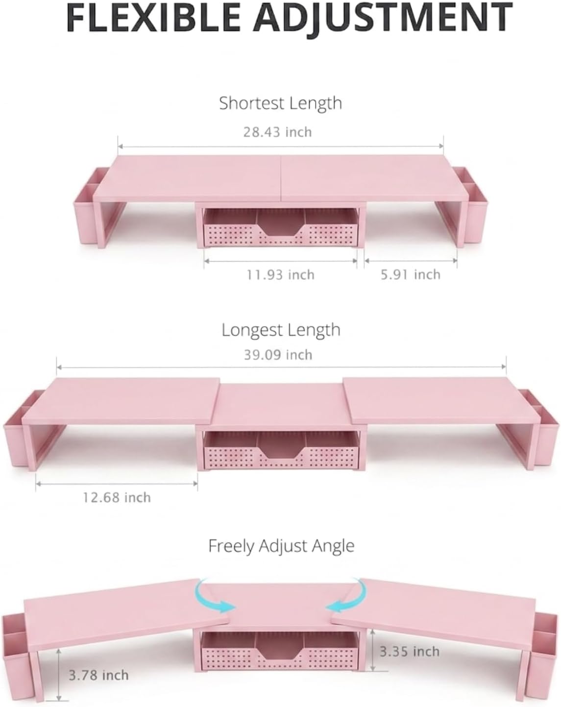 Desk Organizers and Accessories, Dual Monitor Stand Riser with Drawer and 2 Pen Holders, Desk Shelf Printer Stand for Office Workspace Organizers, Desktop Organization (Light Pink)