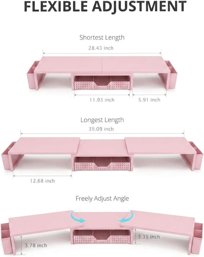 Desk Organizers and Accessories, Dual Monitor Stand Riser with Drawer and 2 Pen Holders, Desk Shelf Printer Stand for Office Workspace Organizers, Desktop Organization (Light Pink)