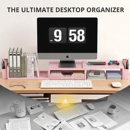 Desk Organizers and Accessories, Dual Monitor Stand Riser with Drawer and 2 Pen Holders, Desk Shelf Printer Stand for Office Workspace Organizers, Desktop Organization (Light Pink)