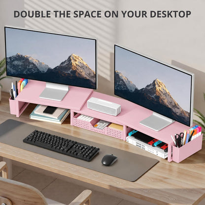 Desk Organizers and Accessories, Dual Monitor Stand Riser with Drawer and 2 Pen Holders, Desk Shelf Printer Stand for Office Workspace Organizers, Desktop Organization (Light Pink)