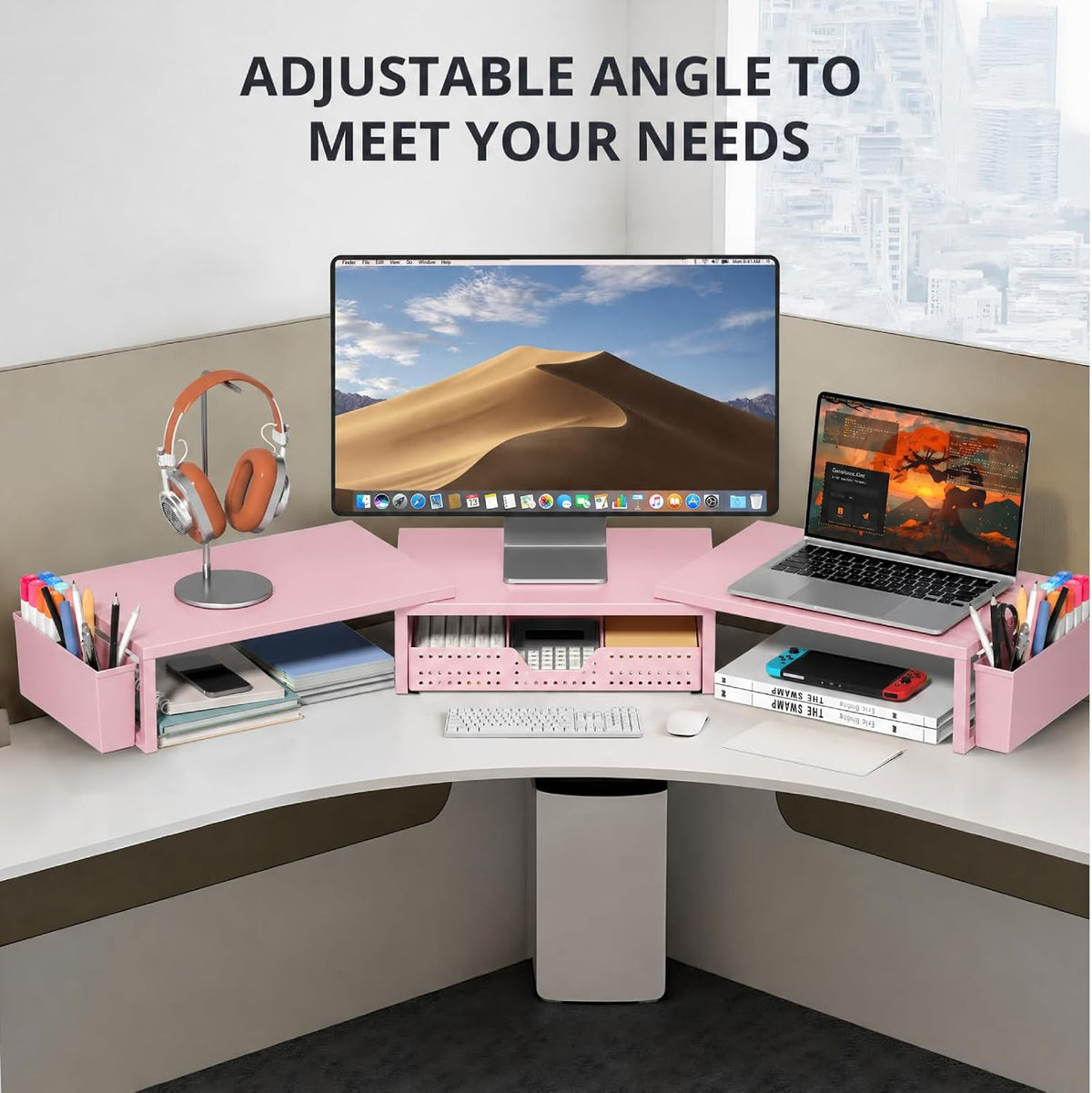 Desk Organizers and Accessories, Dual Monitor Stand Riser with Drawer and 2 Pen Holders, Desk Shelf Printer Stand for Office Workspace Organizers, Desktop Organization (Light Pink)