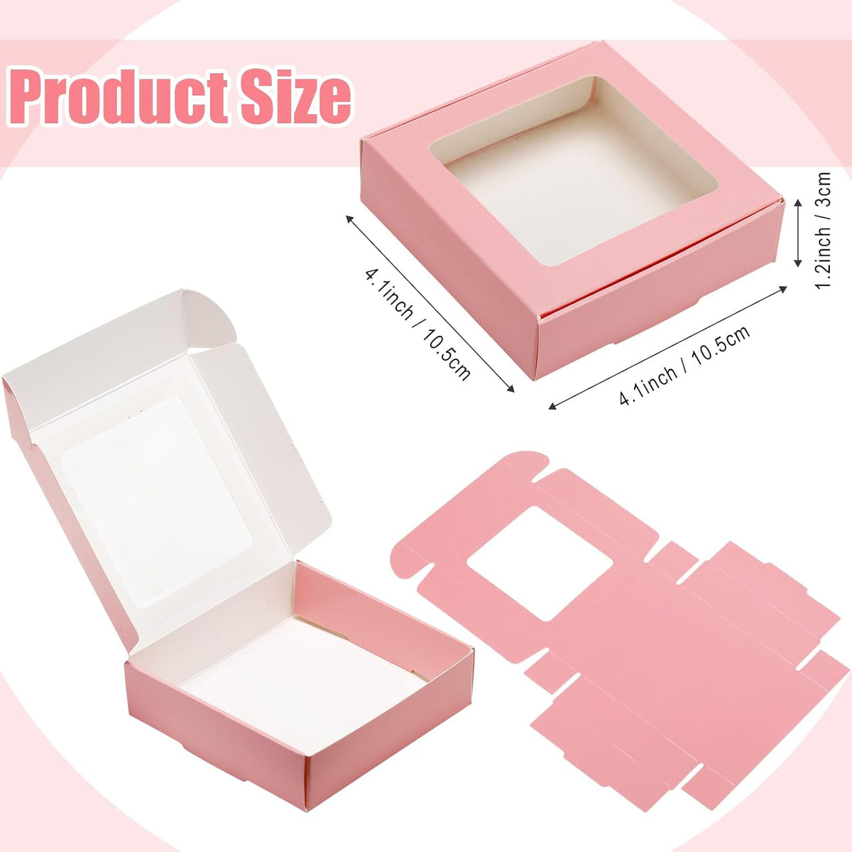 30 Pcs Kraft Paper Boxes with Window 4.13 x 4.13 x 1.18inch (Pink)