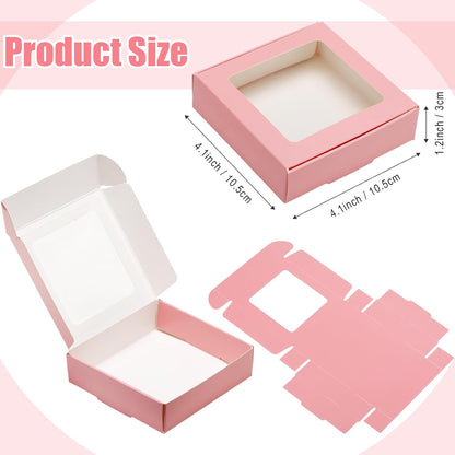30 Pcs Kraft Paper Boxes with Window 4.13 x 4.13 x 1.18inch (Pink)