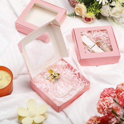 30 Pcs Kraft Paper Boxes with Window 4.13 x 4.13 x 1.18inch (Pink)