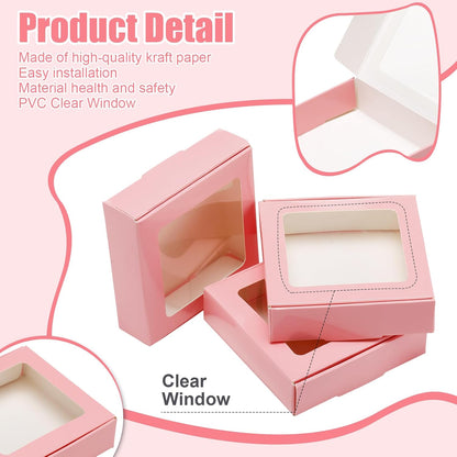 30 Pcs Kraft Paper Boxes with Window 4.13 x 4.13 x 1.18inch (Pink)
