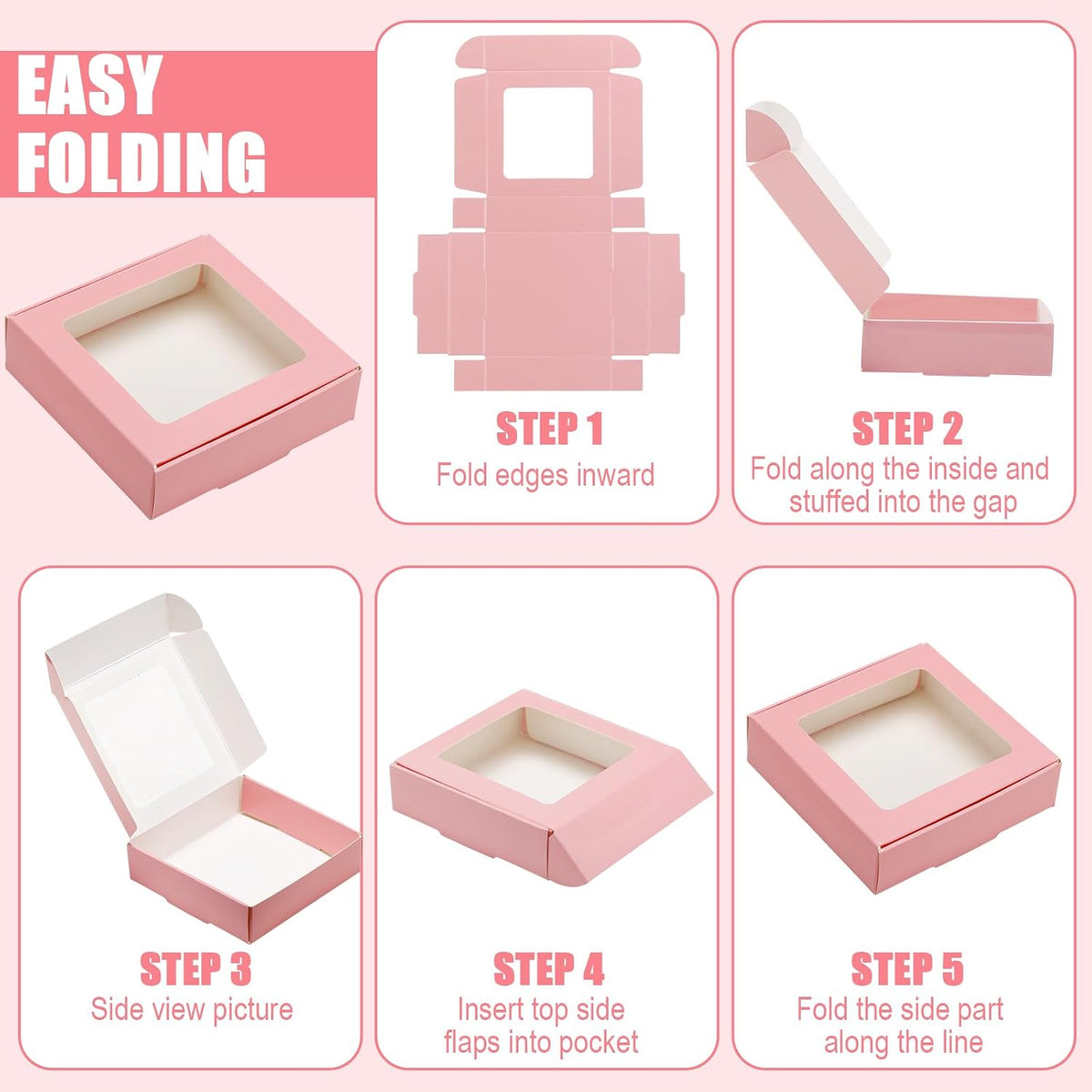 30 Pcs Kraft Paper Boxes with Window 4.13 x 4.13 x 1.18inch (Pink)