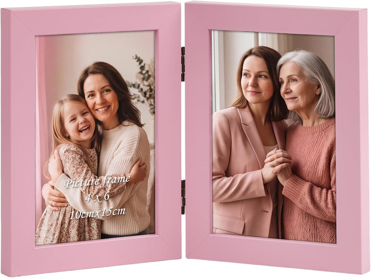 4x6 Double Picture Frame, 4 by 6 Hinged Folding Photo Frame for Tabletop Display, Pink