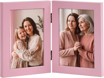 4x6 Double Picture Frame, 4 by 6 Hinged Folding Photo Frame for Tabletop Display, Pink