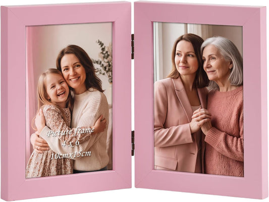 4x6 Double Picture Frame, 4 by 6 Hinged Folding Photo Frame for Tabletop Display, Pink
